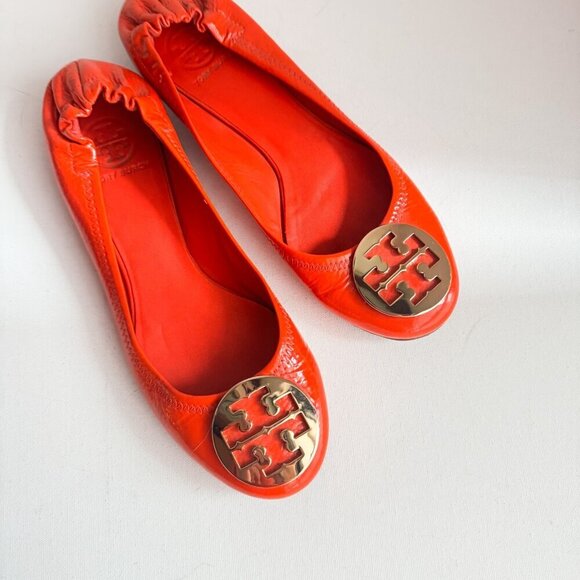 Tory Burch REVA Bright Orange Patent Leather Classic Flats 9 - Picture 2 of 9